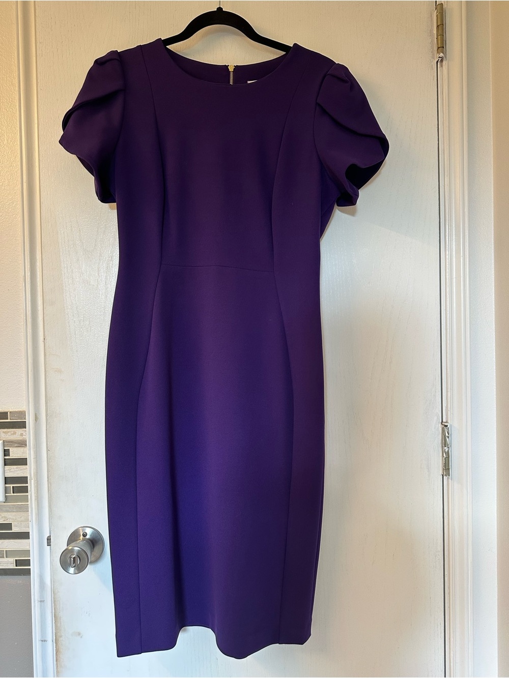 Calvin Klein Purple Puff-Sleeve Midi Sheath Dress